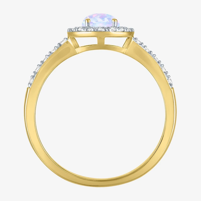Womens Diamond Accent Lab Created White Opal 10K Gold Halo Side Stone Cocktail Ring