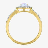 Womens Diamond Accent Lab Created White Opal 10K Gold Halo Side Stone Cocktail Ring