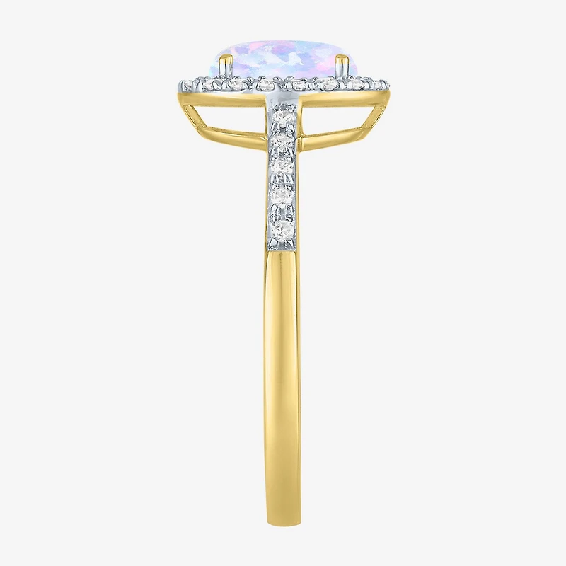 Womens Diamond Accent Lab Created White Opal 10K Gold Halo Side Stone Cocktail Ring