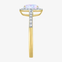 Womens Diamond Accent Lab Created White Opal 10K Gold Halo Side Stone Cocktail Ring