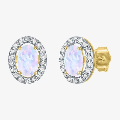 Diamond Accent Lab Created White Opal 10K Gold 9.5mm Stud Earrings