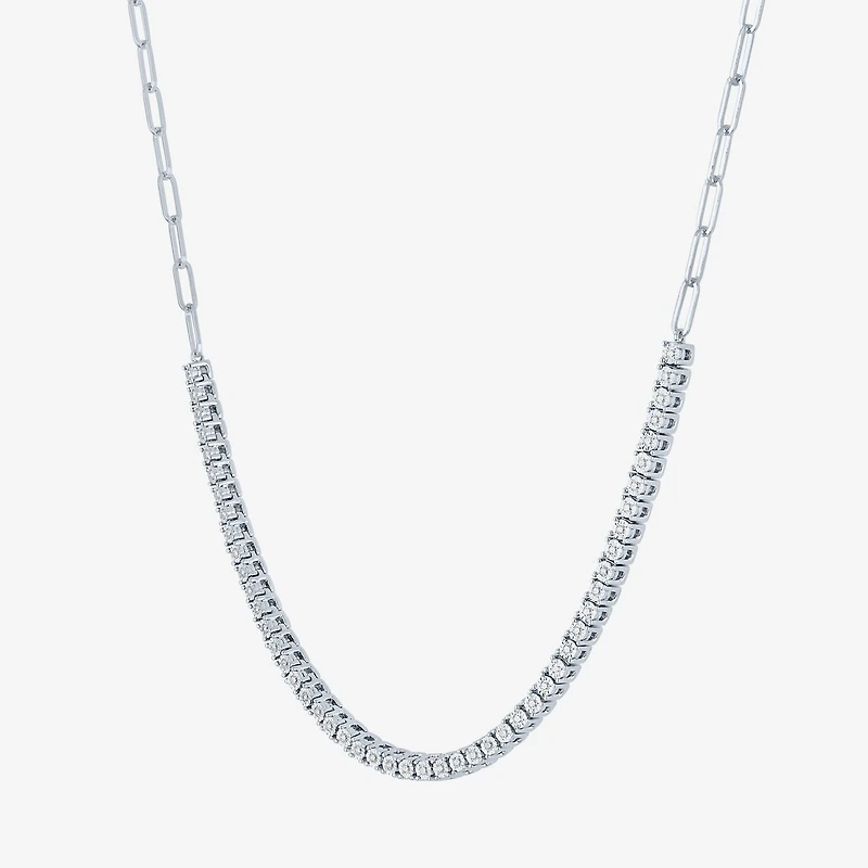 (G-H / I1-I2) Womens White Diamond Sterling Silver 13 Inch Tennis Necklace