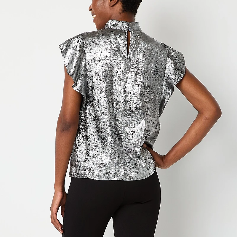 Worthington Womens Keyhole Neck Short Sleeve Satin Blouse
