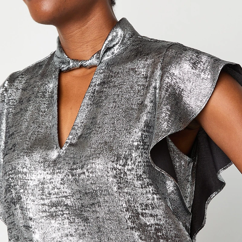 Worthington Womens Keyhole Neck Short Sleeve Satin Blouse