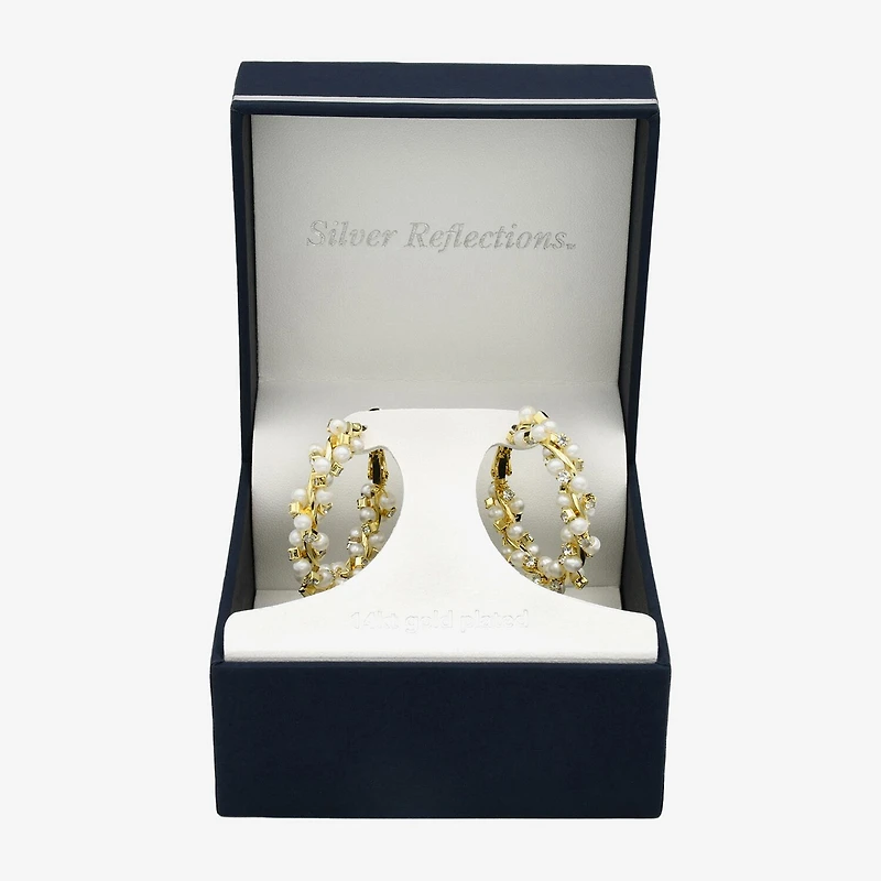 Silver Reflections Womens Cubic Zirconia Simulated Pearl 14K Gold Over Brass 35mm Hoop Earrings
