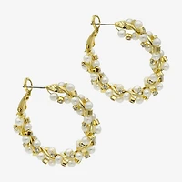 Silver Reflections Womens Cubic Zirconia Simulated Pearl 14K Gold Over Brass 35mm Hoop Earrings
