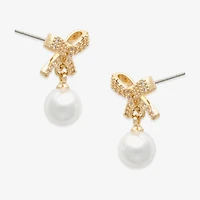 Mixit Womens White Simulated Pearl Bow Drop Earrings