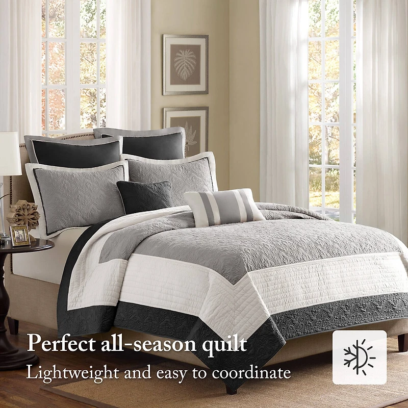 Madison Park Danville 7-Pc Quilt Set with Euro Shams and Throw Pillows