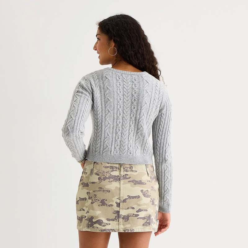 Arizona Juniors Womens Crew Neck Long Sleeve Cable Knit Pullover Sweater