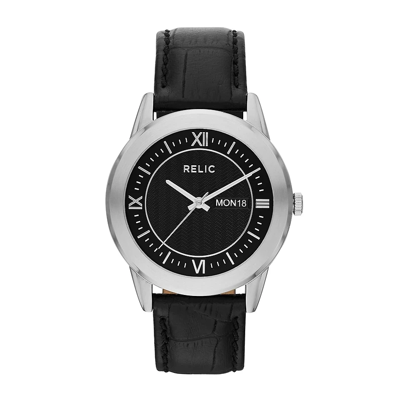 Relic® Mens Silver-Tone Black Leather Strap Watch ZR77267
