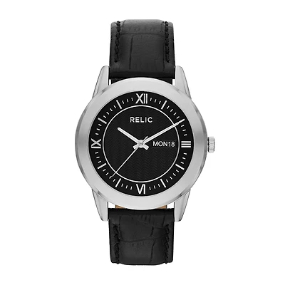 Relic® Mens Silver-Tone Black Leather Strap Watch ZR77267