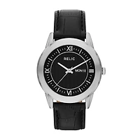 Relic® Mens Silver-Tone Black Leather Strap Watch ZR77267
