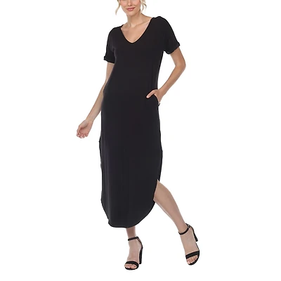 White Mark Womens V Neck Short Sleeve Fitted Maxi Dress