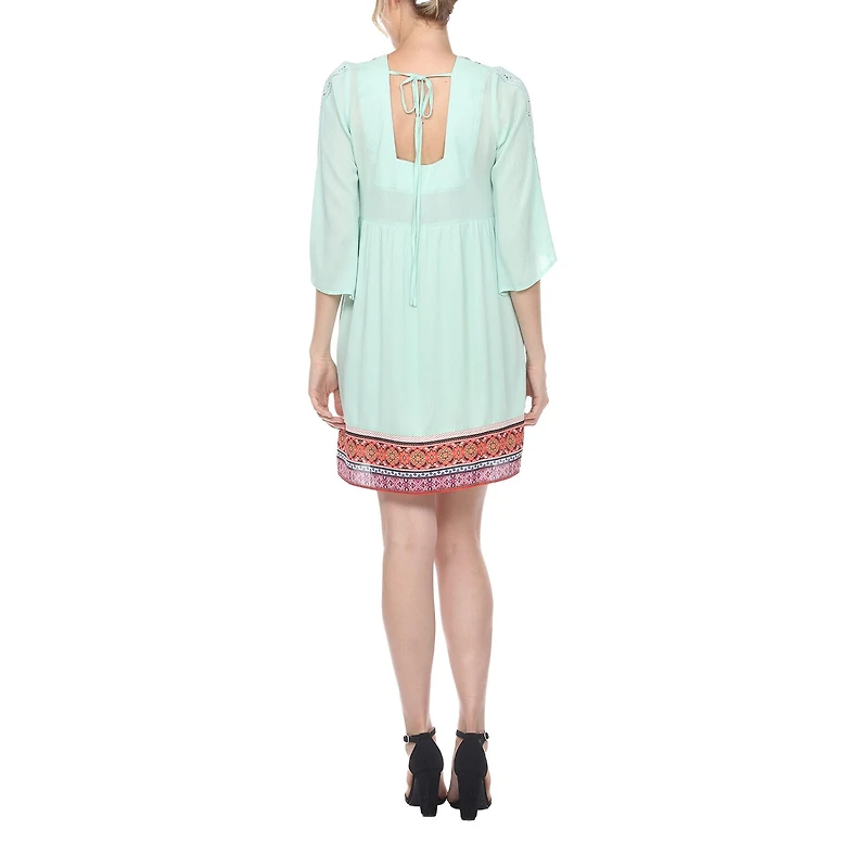White Mark Womens V Neck 3/4 Sleeve Embroidered Peasant Dress