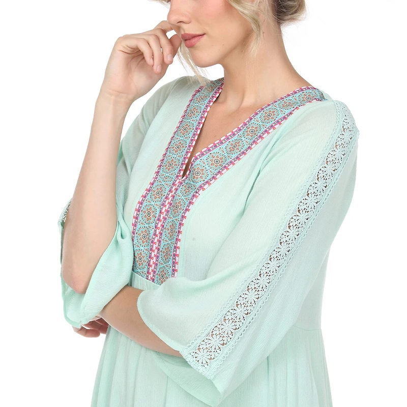 White Mark Womens V Neck 3/4 Sleeve Embroidered Peasant Dress