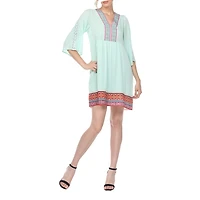 White Mark Womens V Neck 3/4 Sleeve Embroidered Peasant Dress