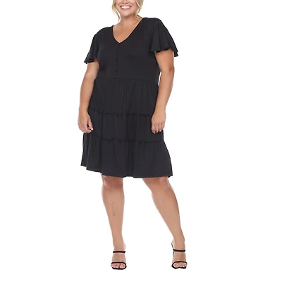White Mark Womens Plus V Neck Short Sleeve Sundress