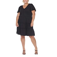 White Mark Womens Plus V Neck Short Sleeve Sundress