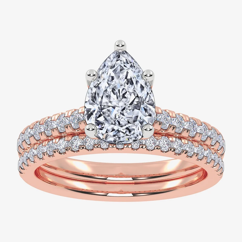 (H-I / Si2-I1) Womens 1 1/2 CT. T.W. Lab Grown White Diamond 10K Gold Pear Side Stone Bridal Set