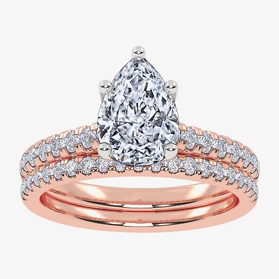(H-I / Si2-I1) Womens 1 1/2 CT. T.W. Lab Grown White Diamond 10K Gold Pear Side Stone Bridal Set