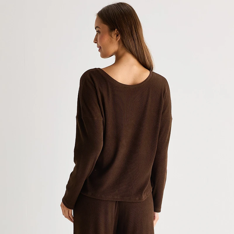Ambrielle Womens Rib V Neck Long Sleeve Pajama Top