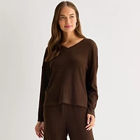 Ambrielle Womens Rib V Neck Long Sleeve Pajama Top