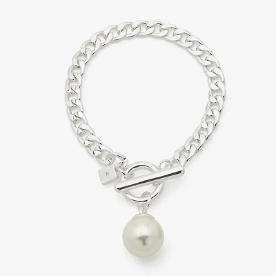 Worthington Silver Tone Simulated Pearl Womens Curb Chain Bracelet