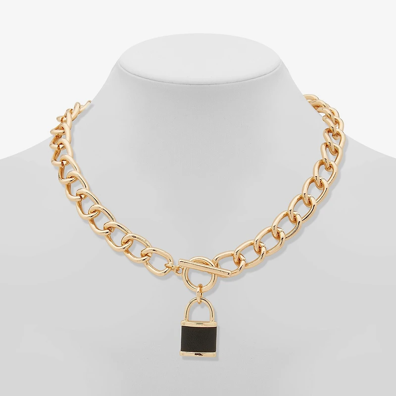 Worthington Gold Tone & Black Leather Lock Womens 17 Inch Pendant Necklace