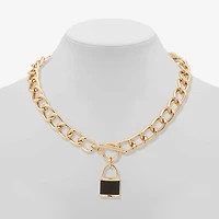 Worthington Gold Tone & Black Leather Lock Womens 17 Inch Pendant Necklace