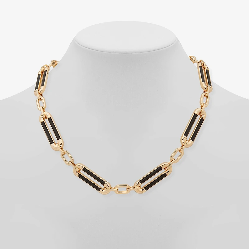 Worthington Gold Tone & Black Leather Link Womens 17 Inch Collar Necklace