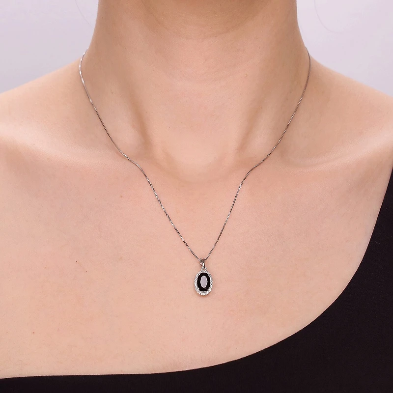 Womens Genuine Black Onyx Sterling Silver Oval 18 Inch Pendant Necklace
