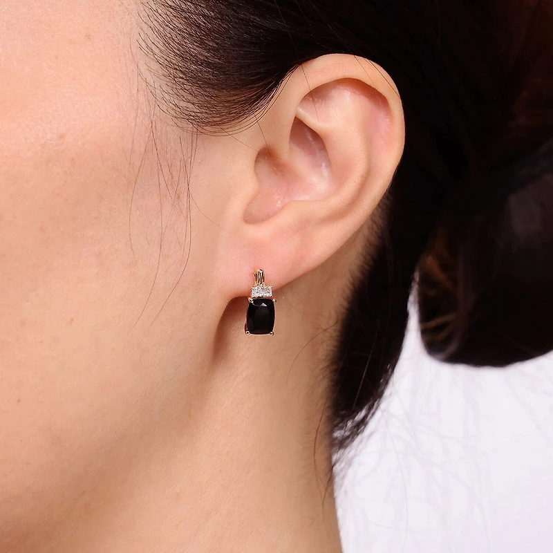 Womens Genuine Black Onyx 10K Gold Cushion Drop Earrings