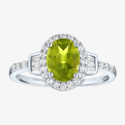 Womens Genuine Green Peridot Sterling Silver Halo Side Stone Cocktail Ring