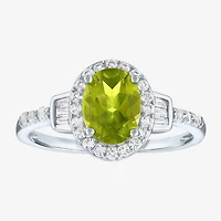 Womens Genuine Green Peridot Sterling Silver Halo Side Stone Cocktail Ring