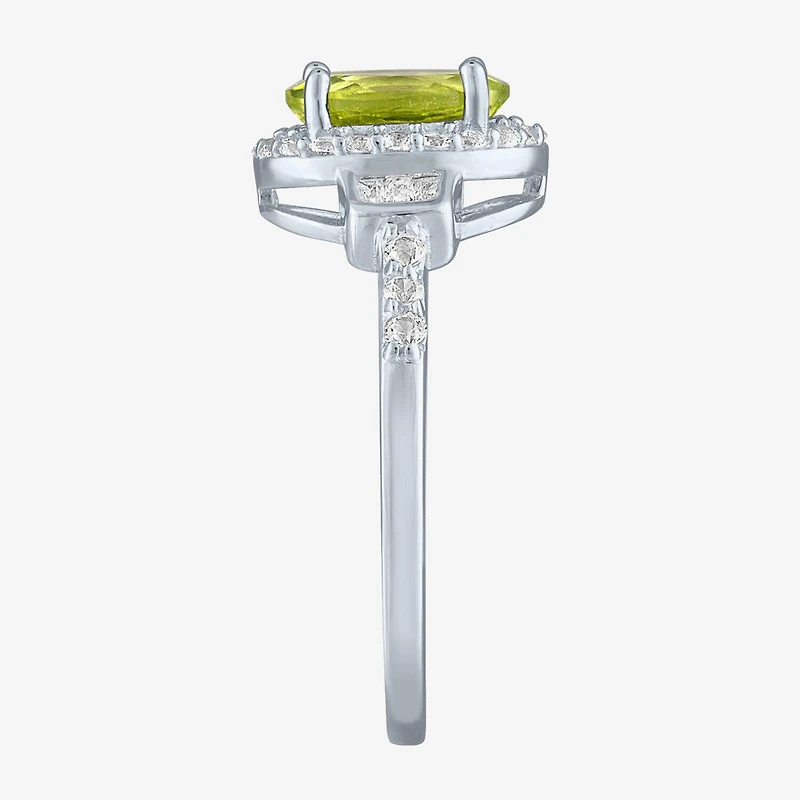 Womens Genuine Green Peridot Sterling Silver Halo Side Stone Cocktail Ring