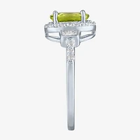 Womens Genuine Green Peridot Sterling Silver Halo Side Stone Cocktail Ring