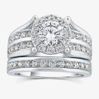(G / Si1-Si2) Womens 3 CT. T.W. Lab Grown White Diamond 10K Gold Round Side Stone Halo Bridal Set