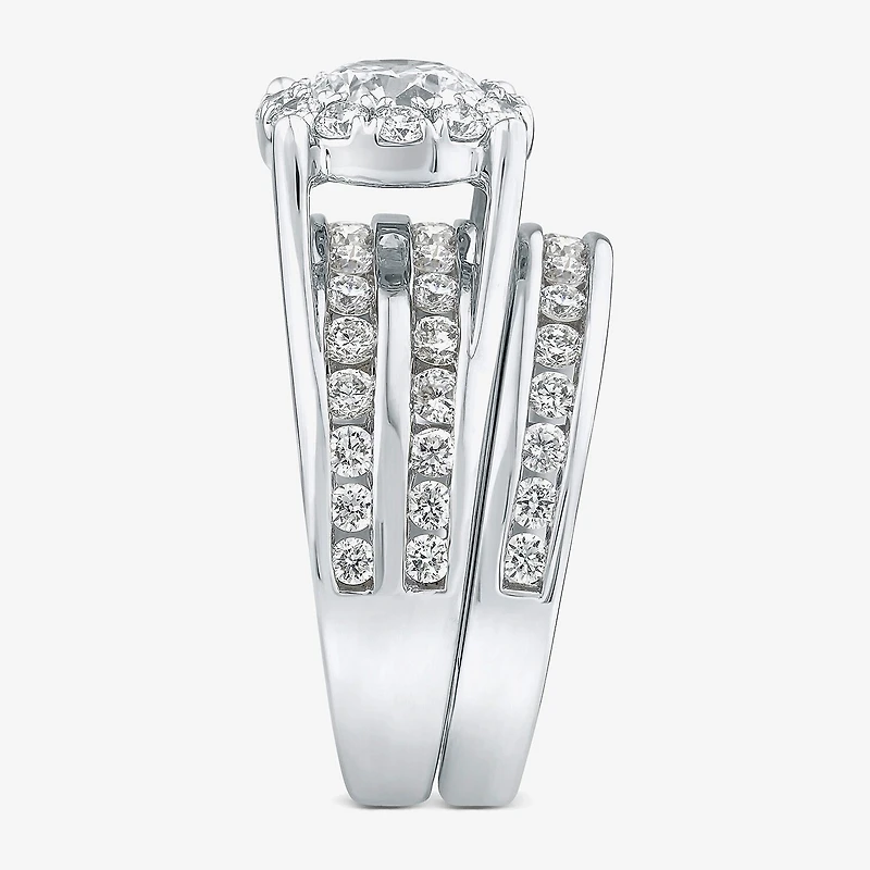 (F / Vs2 ) Womens 3 CT. T.W. Lab Grown White Diamond 10K Gold Round Side Stone Halo Bridal Set