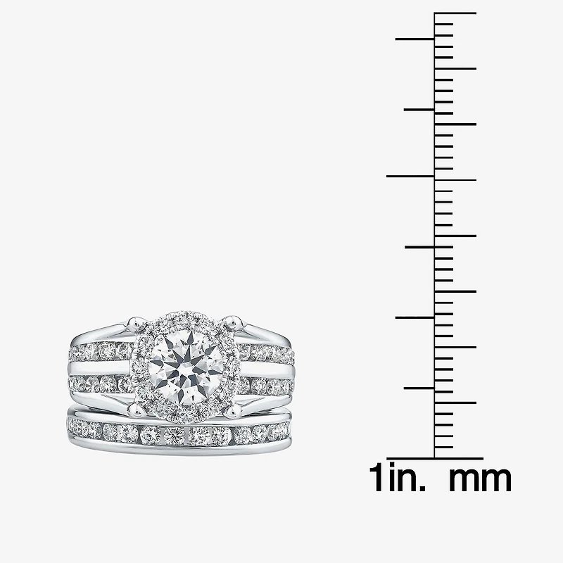(F / Vs2 ) Womens 3 CT. T.W. Lab Grown White Diamond 10K Gold Round Side Stone Halo Bridal Set