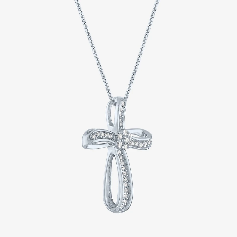 Diamond Blossom (G-H / Si2-I1) Womens 1/10 CT. T.W. Lab Grown White Sterling Silver Cross 18 Inch Pendant Necklace