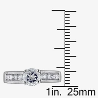 Modern Bride Gemstone Womens Lab Created White Sapphire Sterling Silver Round Side Stone Engagement Ring