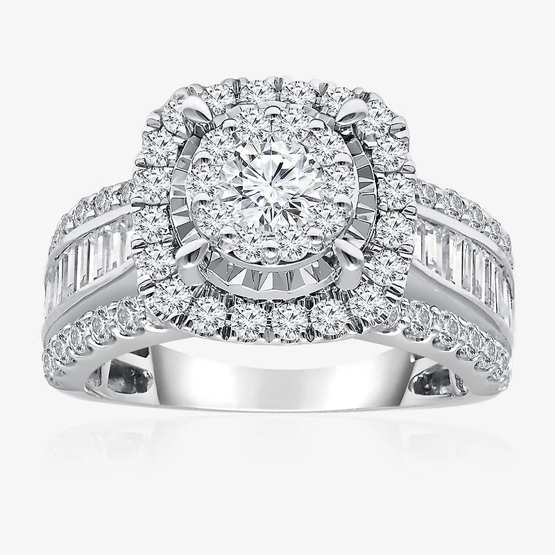 (I / I1) Womens 2 CT. T.W. Lab Grown White Diamond 10K or 14K Gold Cushion Side Stone Halo Engagement Ring