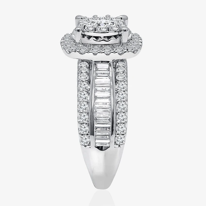 (I / I1) Womens 2 CT. T.W. Lab Grown White Diamond 10K or 14K Gold Cushion Side Stone Halo Engagement Ring