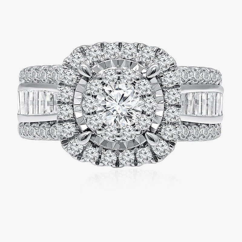 (I / I1) Womens 2 CT. T.W. Lab Grown White Diamond 10K or 14K Gold Cushion Side Stone Halo Engagement Ring