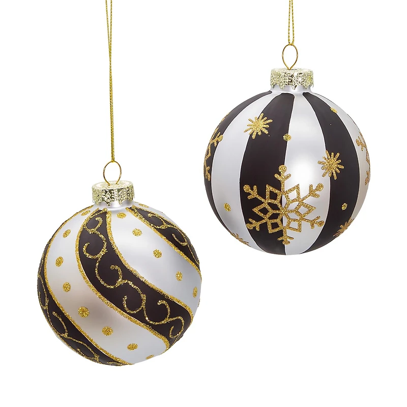 Kurt Adler 80 Mm Silver Black Gold Glass Balls 6-pc. Christmas Ornament