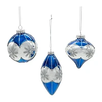 Kurt Adler 80mm Glass Blue Snowflake Ball Onion And Teardrop Shaped 3-pc. Christmas Ornament