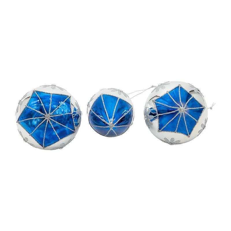 Kurt Adler 80mm Glass Blue Snowflake Ball Onion And Teardrop Shaped 3-pc. Christmas Ornament