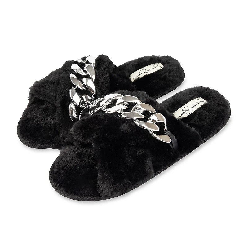 JS Jessica Simpson Oversized Chain Plush Womens Slip-On Slippers