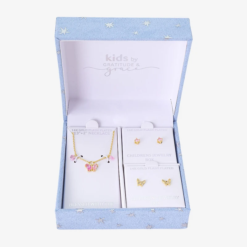 Gratitude & Grace Girls Pink Cubic Zirconia 14K Gold Over Brass Butterfly 3-pc. Jewelry Set