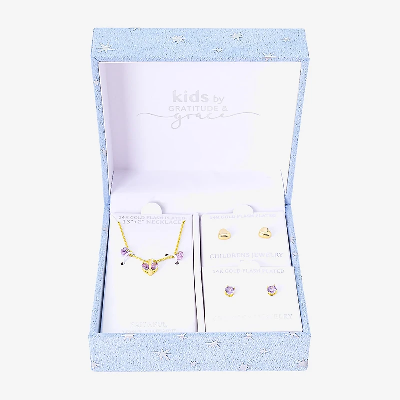 Gratitude & Grace Girls Purple Cubic Zirconia 14K Gold Over Brass Heart 3-pc. Jewelry Set